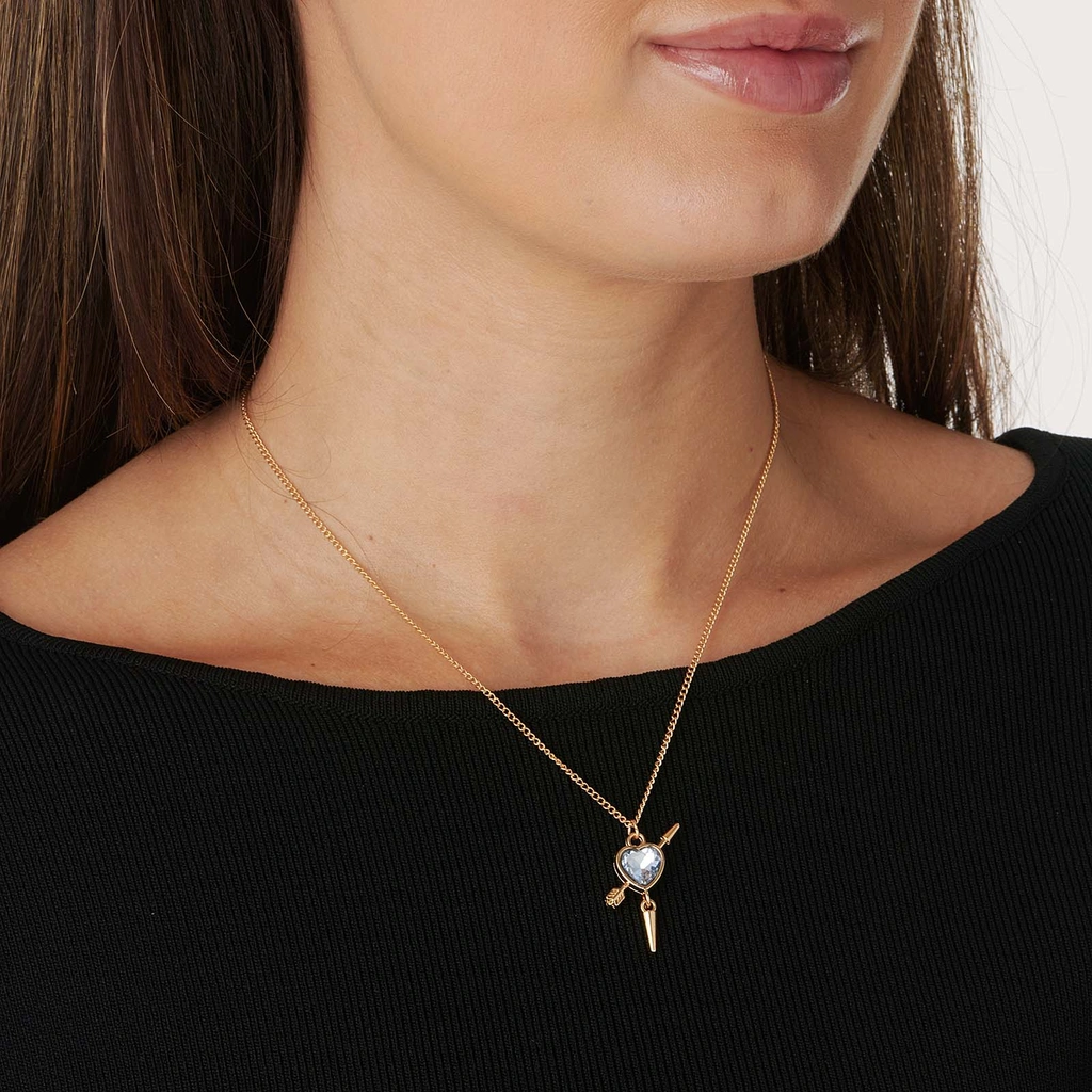 Guldfärgat halsband, ljusblått hjärta med nit - 42+7cm