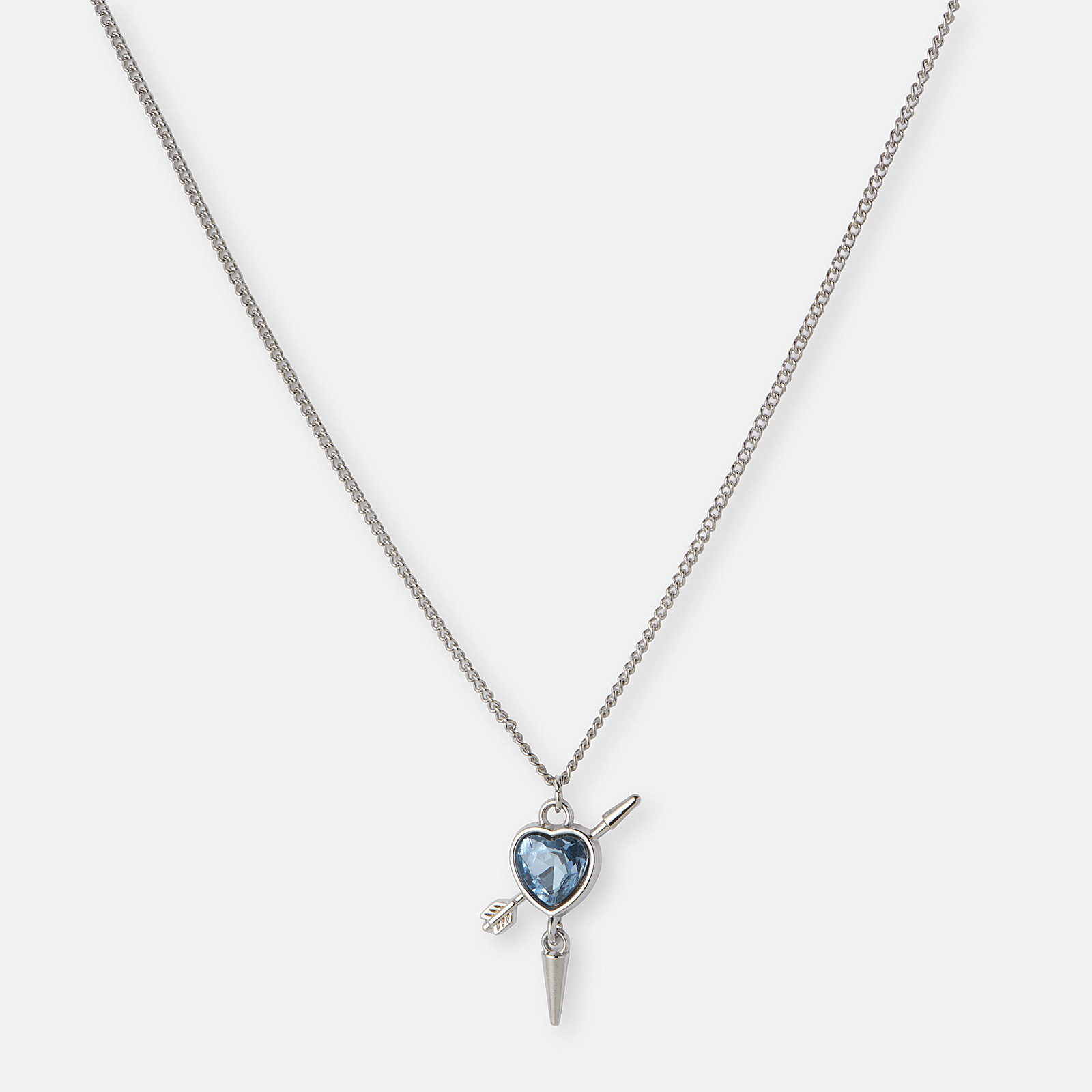 Silverfärgat halsband, ljusblått hjärta med nit - 42+7cm