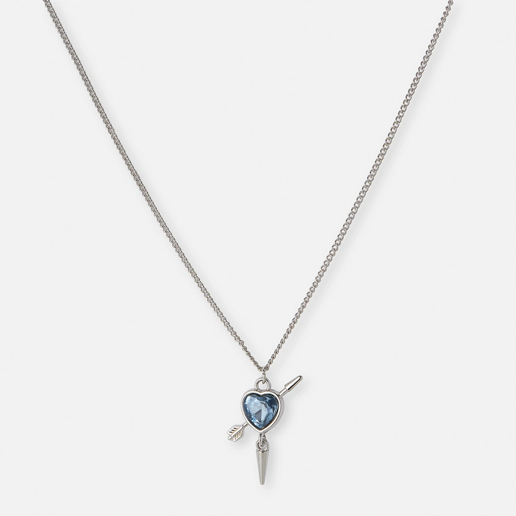 Silverfärgat halsband, ljusblått hjärta med nit - 42+7cm