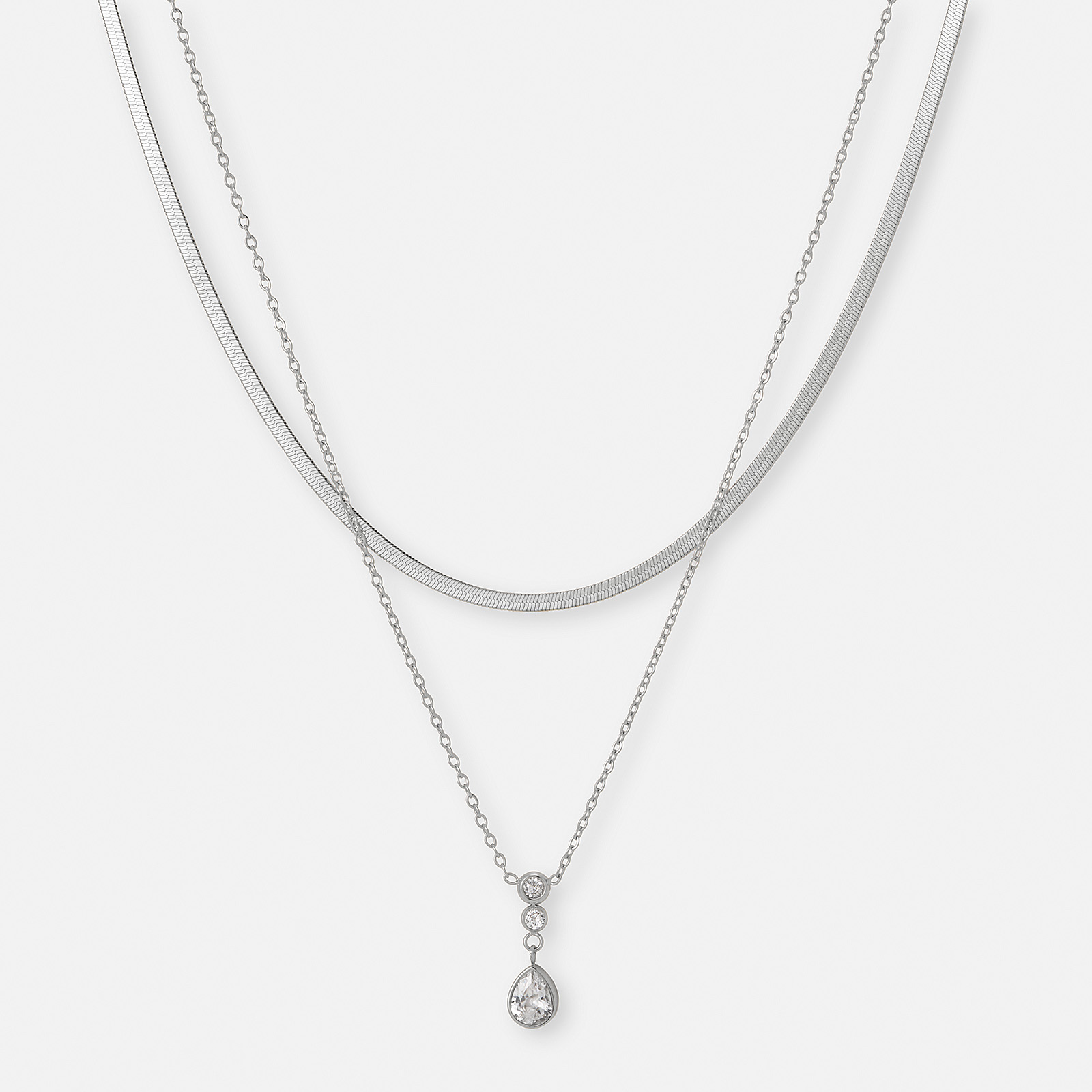 Halsband i stål - dubbla kedjor med Kubisk Zirkonia, 40/45+5cm