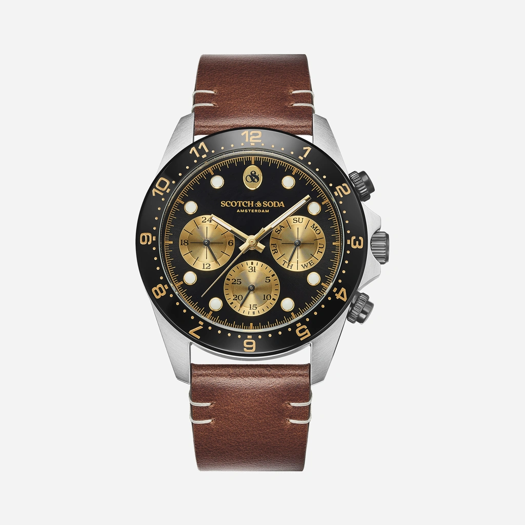 Scotch & Soda herr svart-guld/stål, läderband - SSM.141A