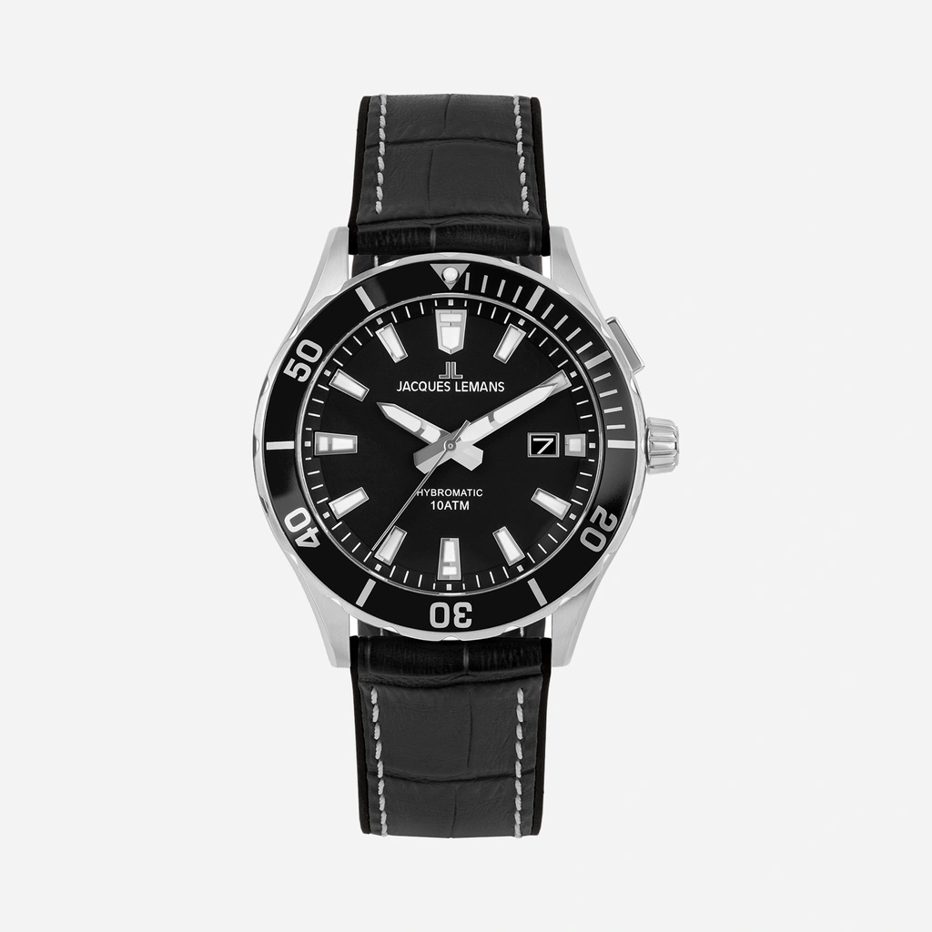 Jacques Lemans Hybromatic herr svart/stål, läderband - 1-2131A