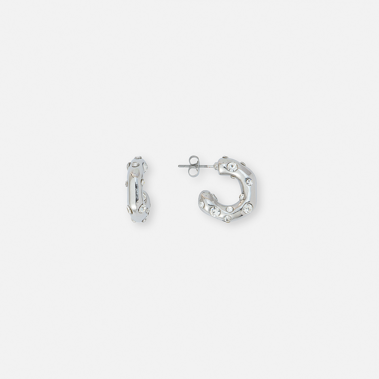 Silverfärgade örhängen, creoler med glasstenar - 2 cm