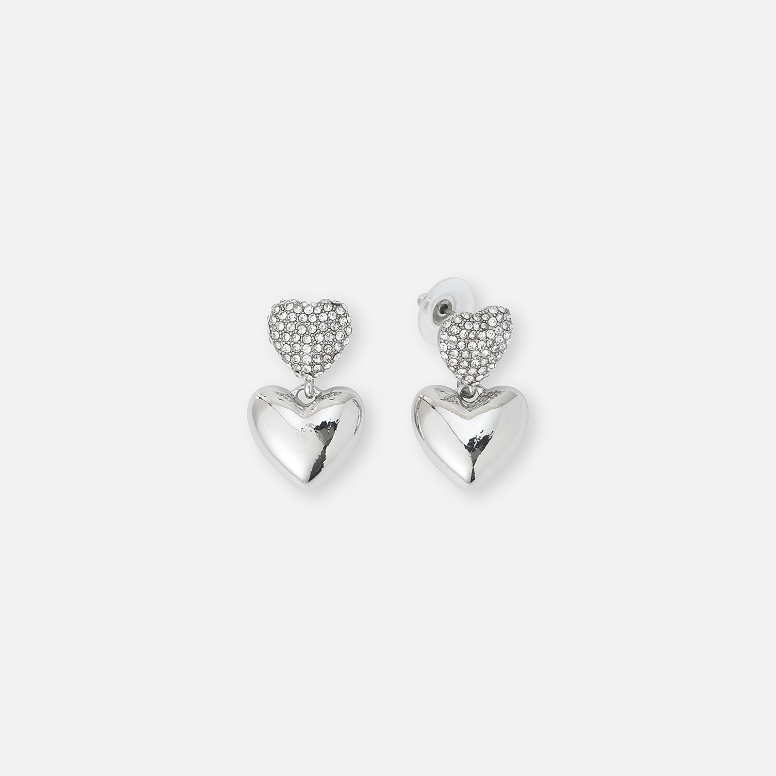 Silverfärgade örhängen, dubbla hjärtan med glasstenar - 1,5x3cm