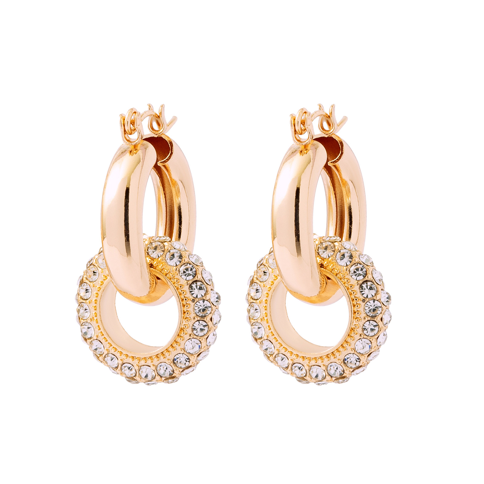 Guldfärgade örhängen, hängande cirklar med glasstenar - 3 cm
