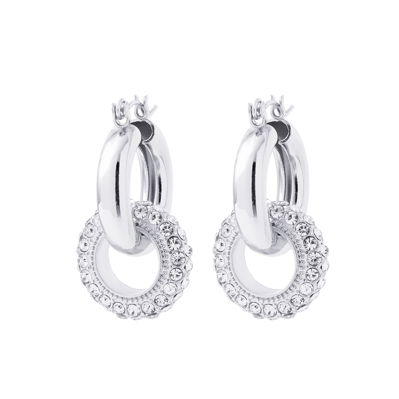 Silverfärgade örhängen, hängande cirklar med glasstenar - 3 cm