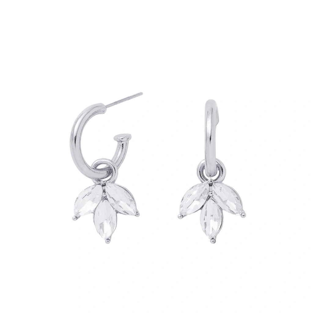 Silverfärgade örhängen, hängande blad med glasstenar - 2,5 cm