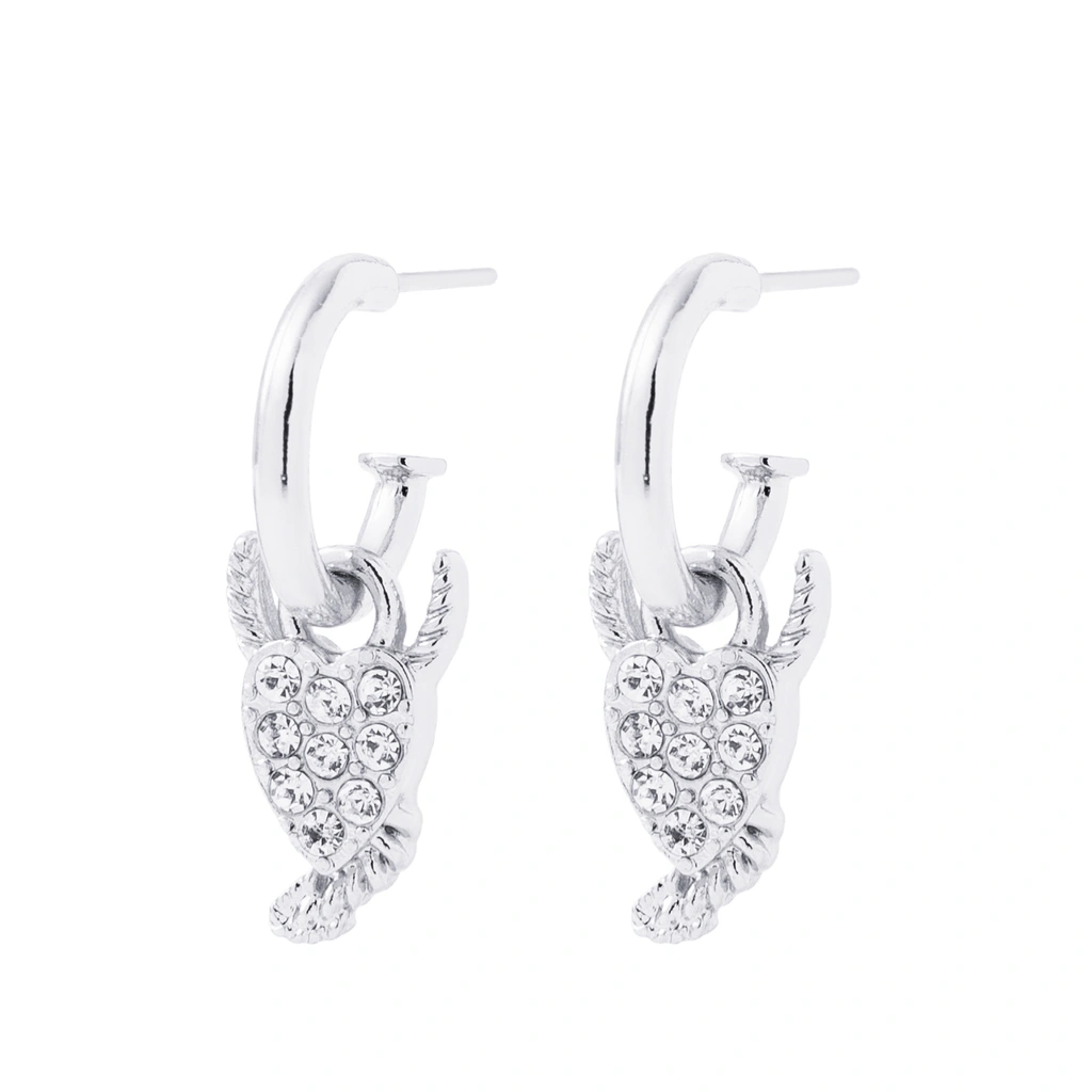 Silverfärgade örhängen, hängande hjärta med horn och glasstenar - 3 cm