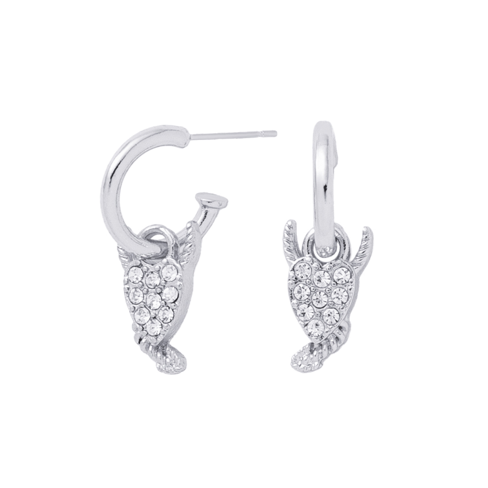 Silverfärgade örhängen, hängande hjärta med horn och glasstenar - 3 cm