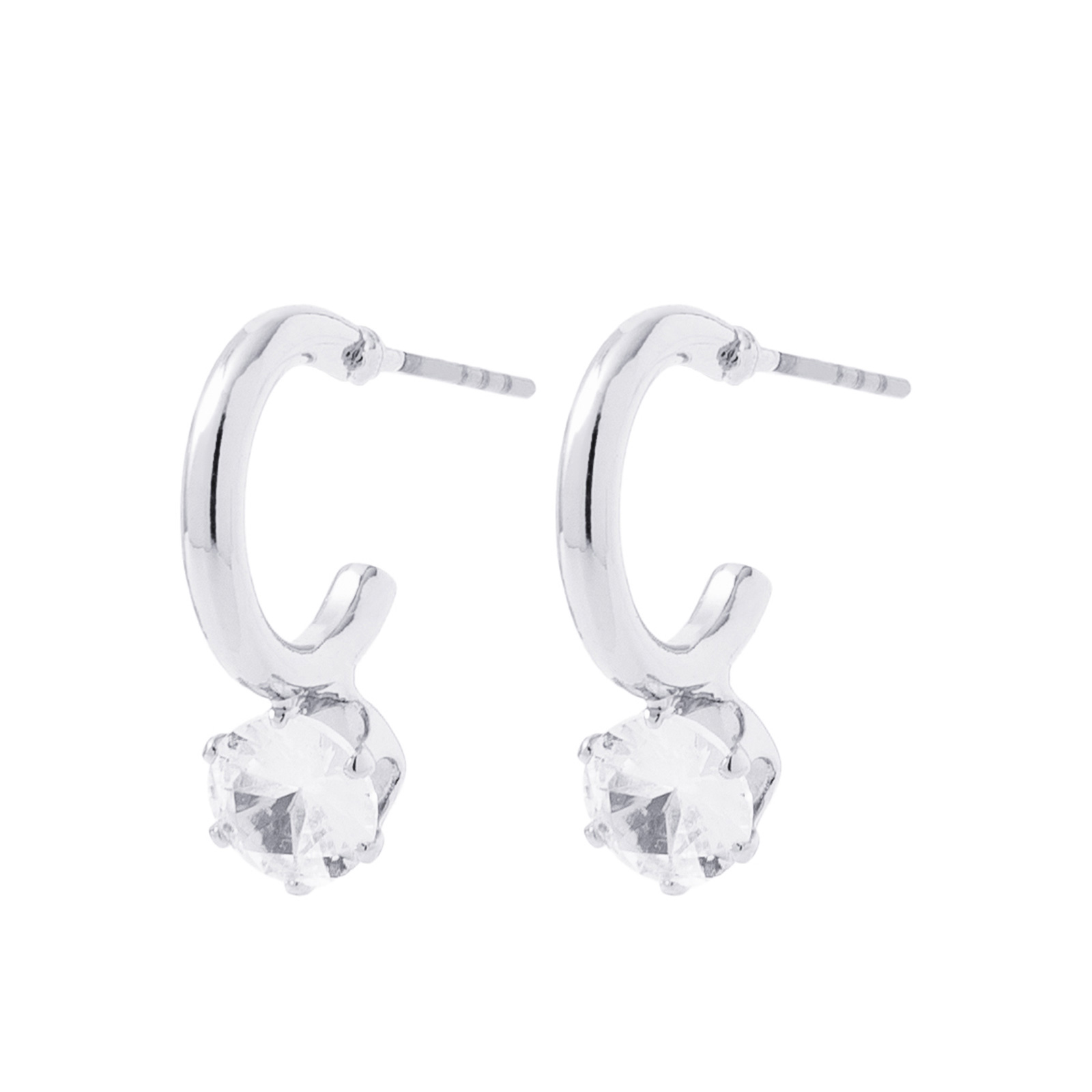 Silverfärgade örhängen, hoops med rund sten - 1 cm