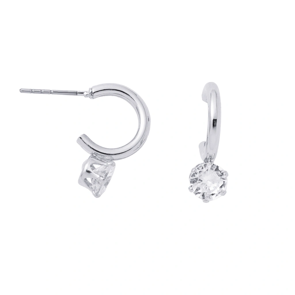 Silverfärgade örhängen, hoops med rund sten - 1 cm