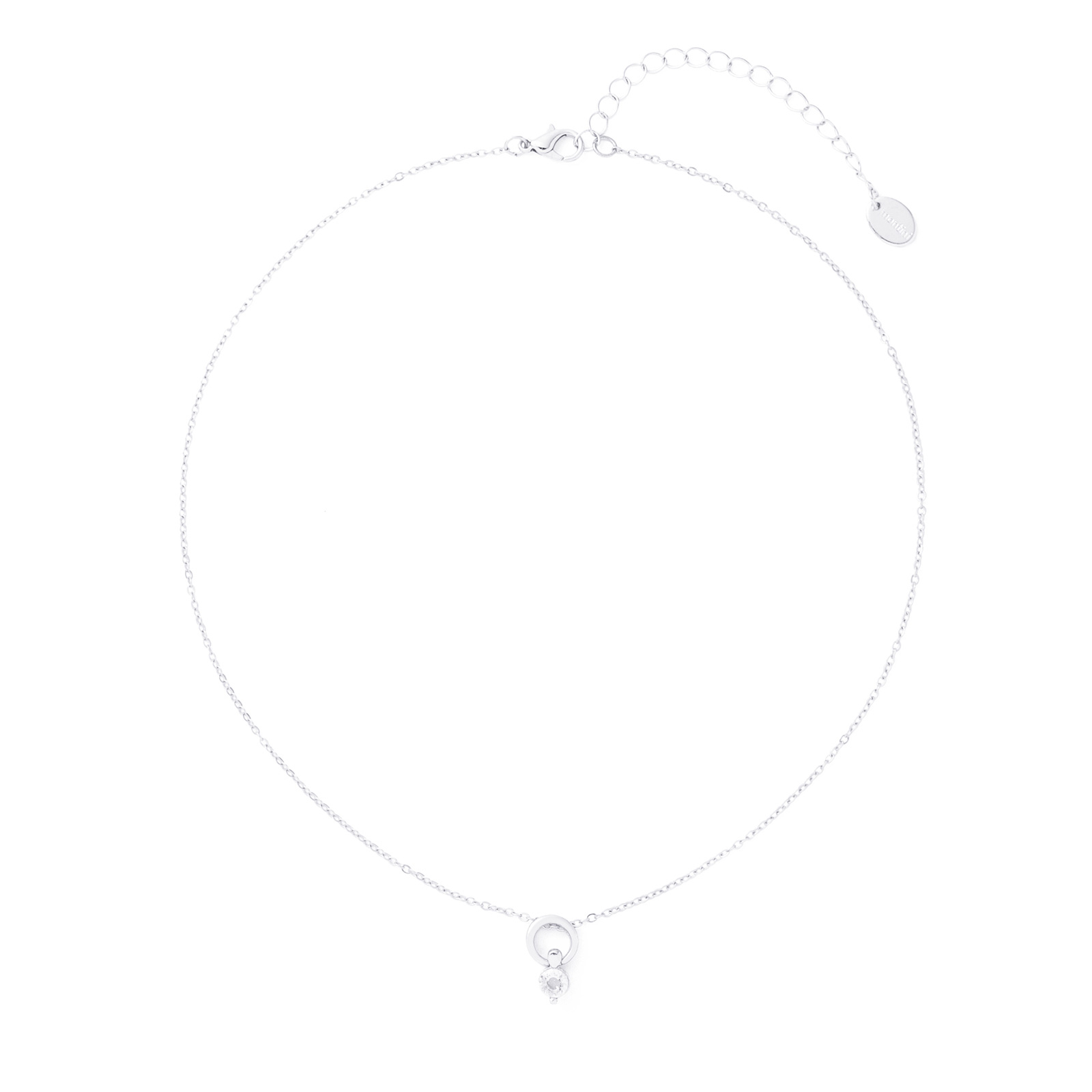 Silverfärgat halsband, cirkel med hängande kristall – 42+7 cm