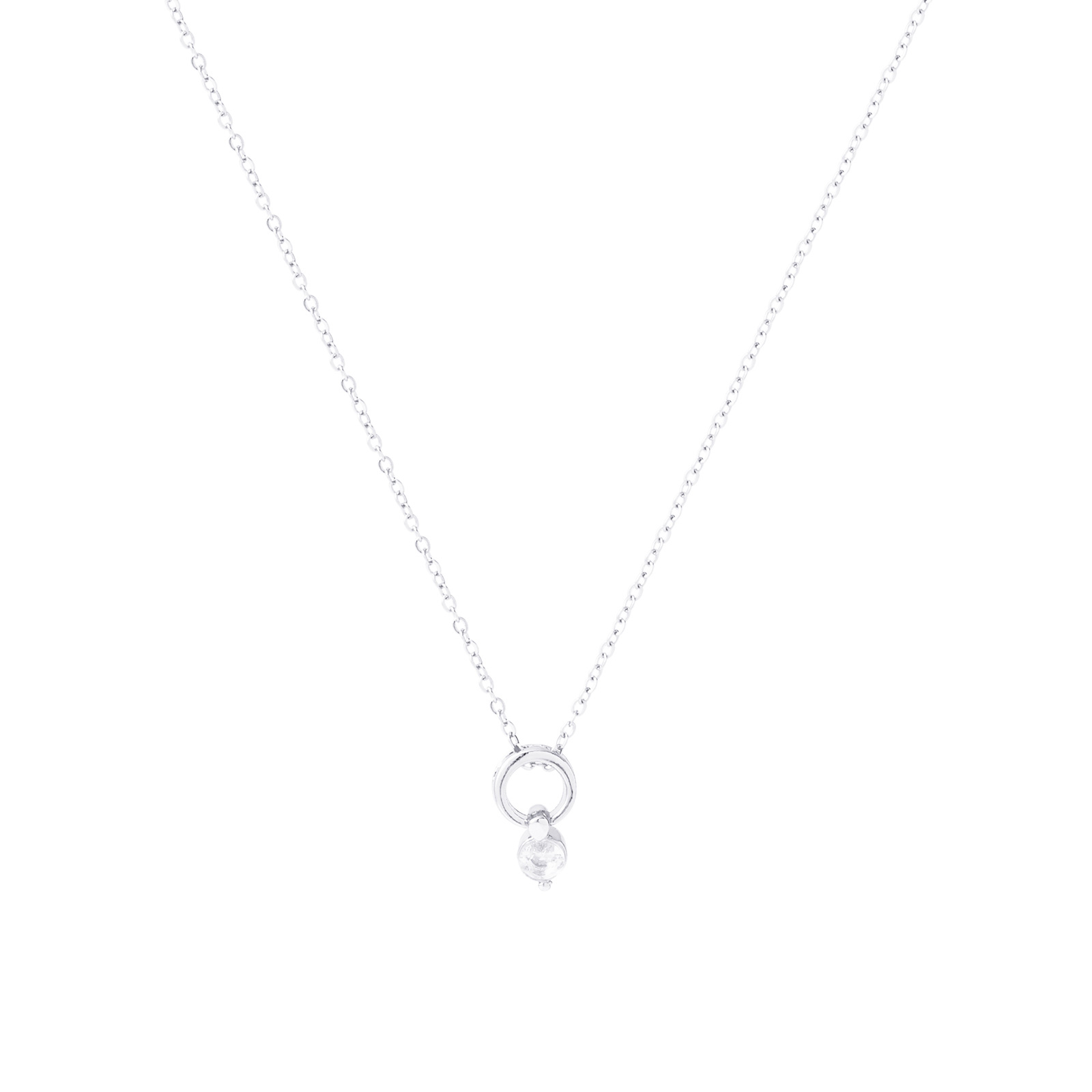 Silverfärgat halsband, cirkel med hängande kristall – 42+7 cm