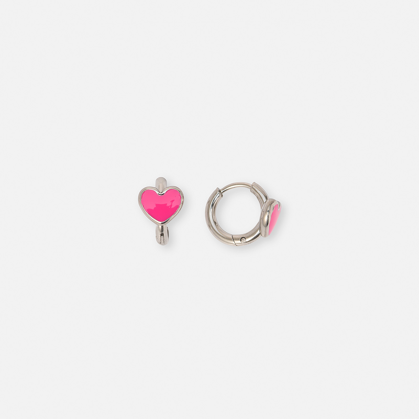 Örhängen i stål - hoops med rosa emaljhjärta, 12 mm