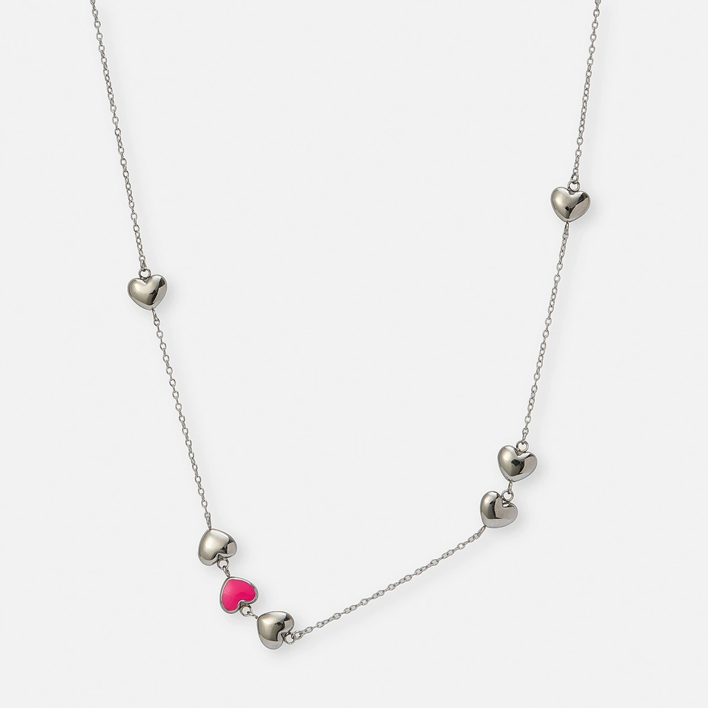 Halsband i stål - hjärtan med rosa emalj, 37+3 cm
