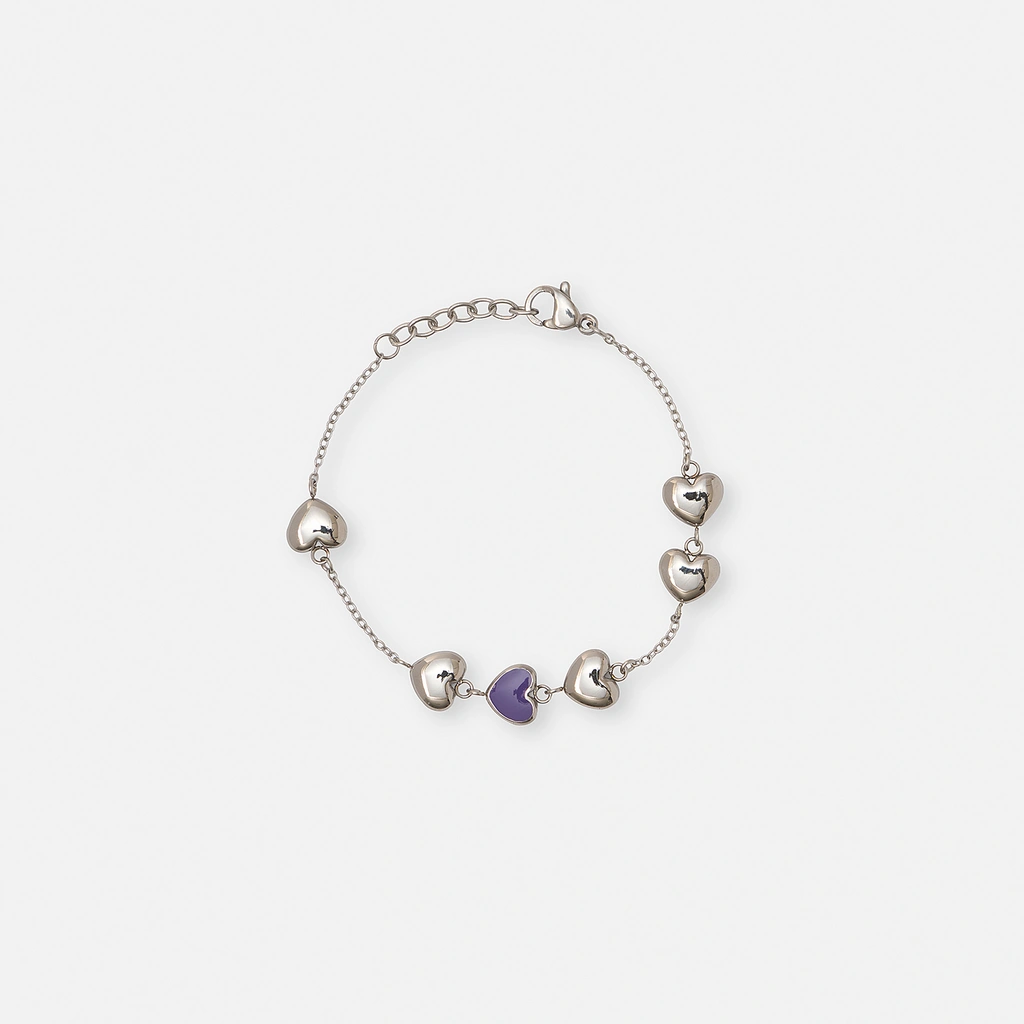 Armband i stål - hjärtan med lila emalj, 14+2 cm