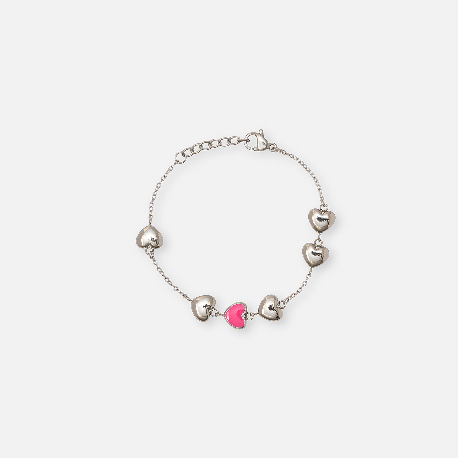 Armband i stål - hjärtan med rosa emalj, 14+2 cm