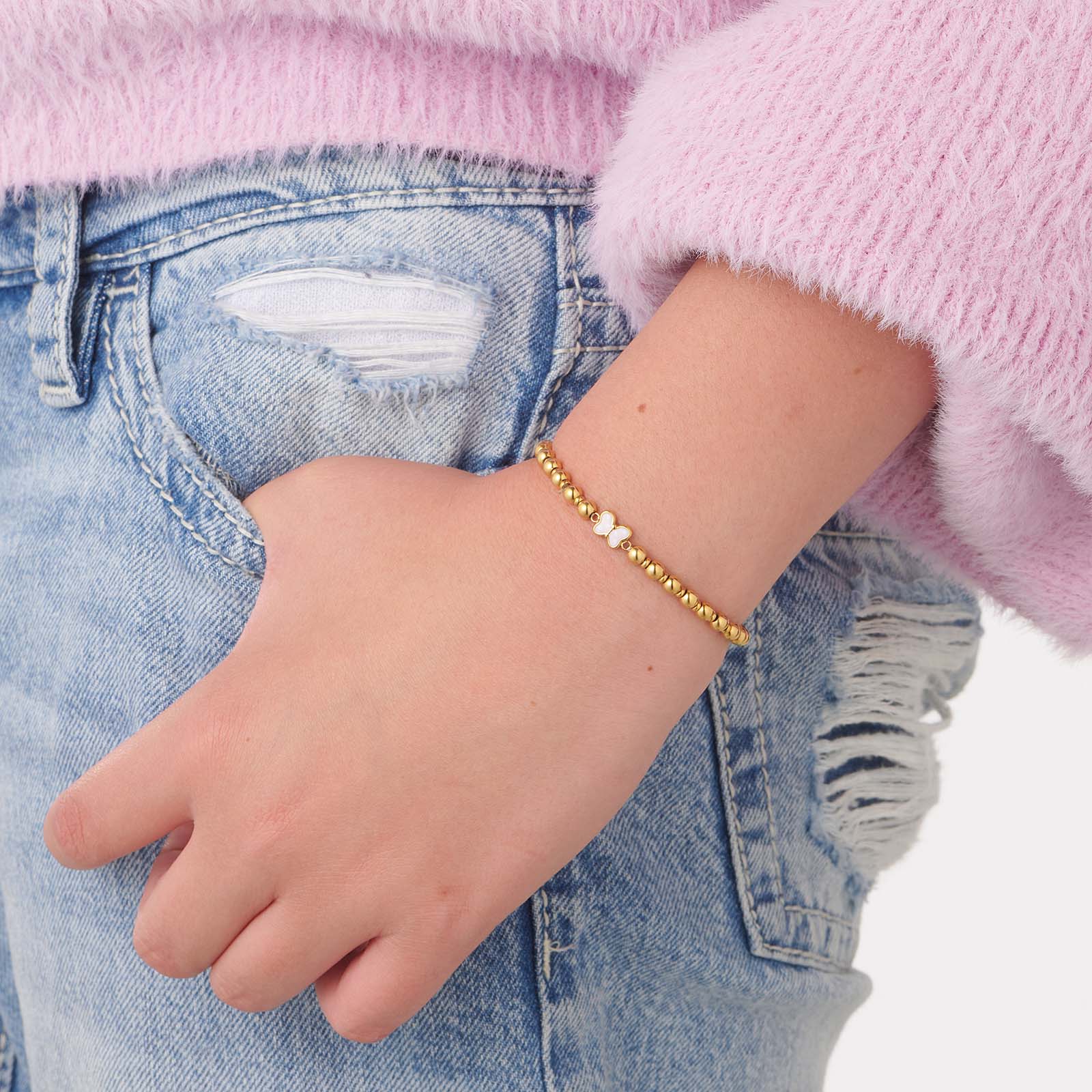 Armband i guldpläterat stål - elastiskt med fjäril, 13 cm