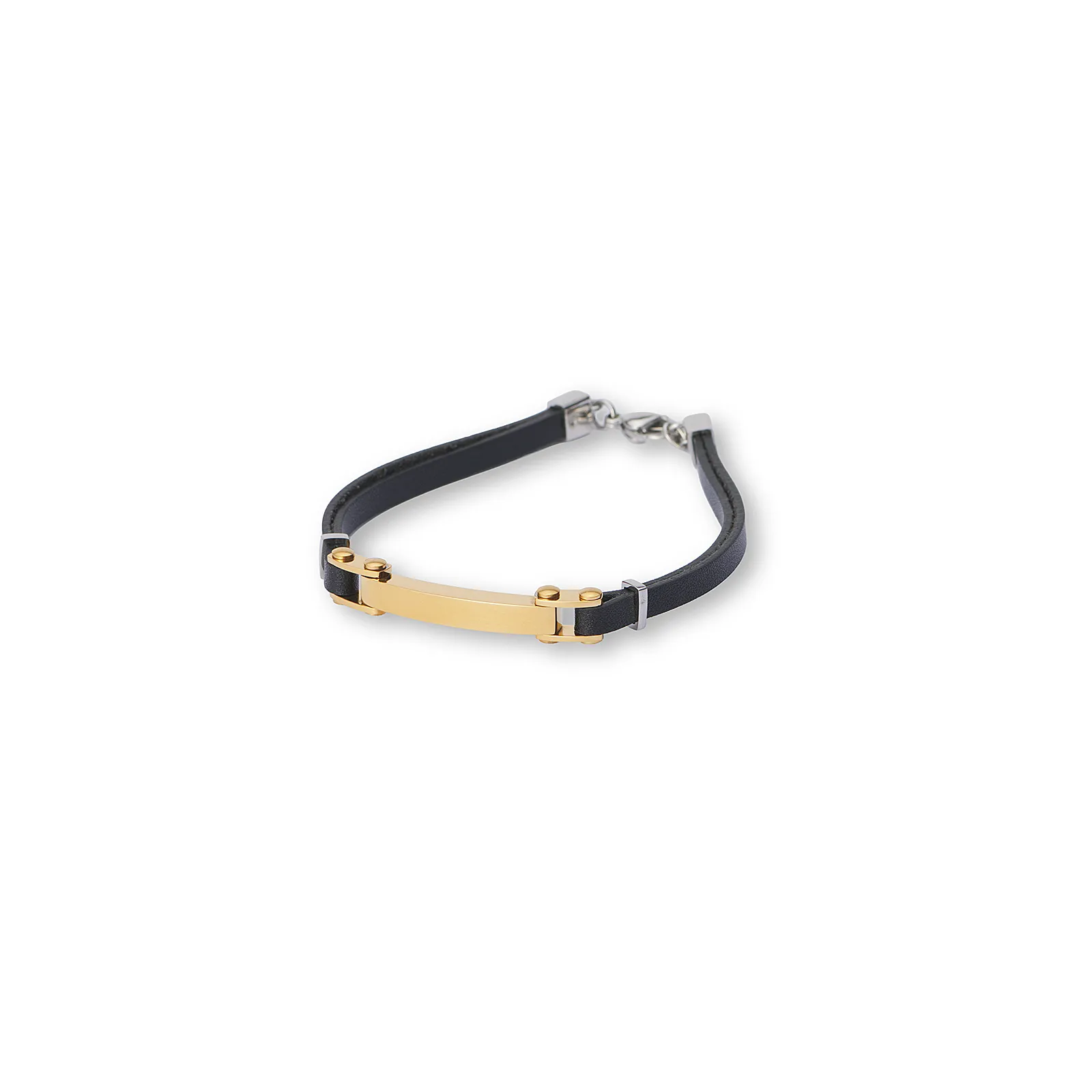 Guldfärgat armband, ID-bricka med svart läder - 19+2,5 cm