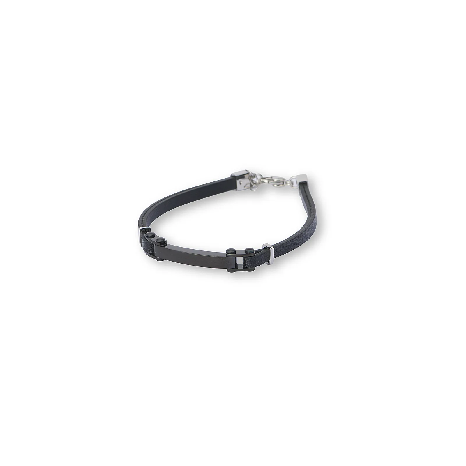 Svart armband, ID-bricka med svart läder - 19+2,5 cm