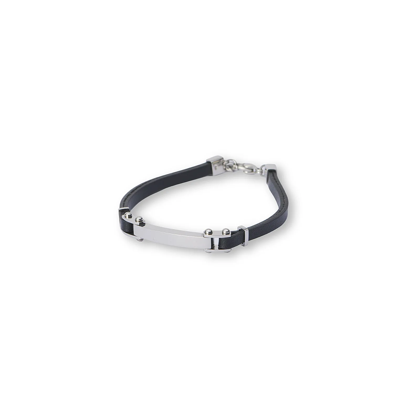 Silverfärgat armband, ID-bricka med svart läder - 19+2,5 cm