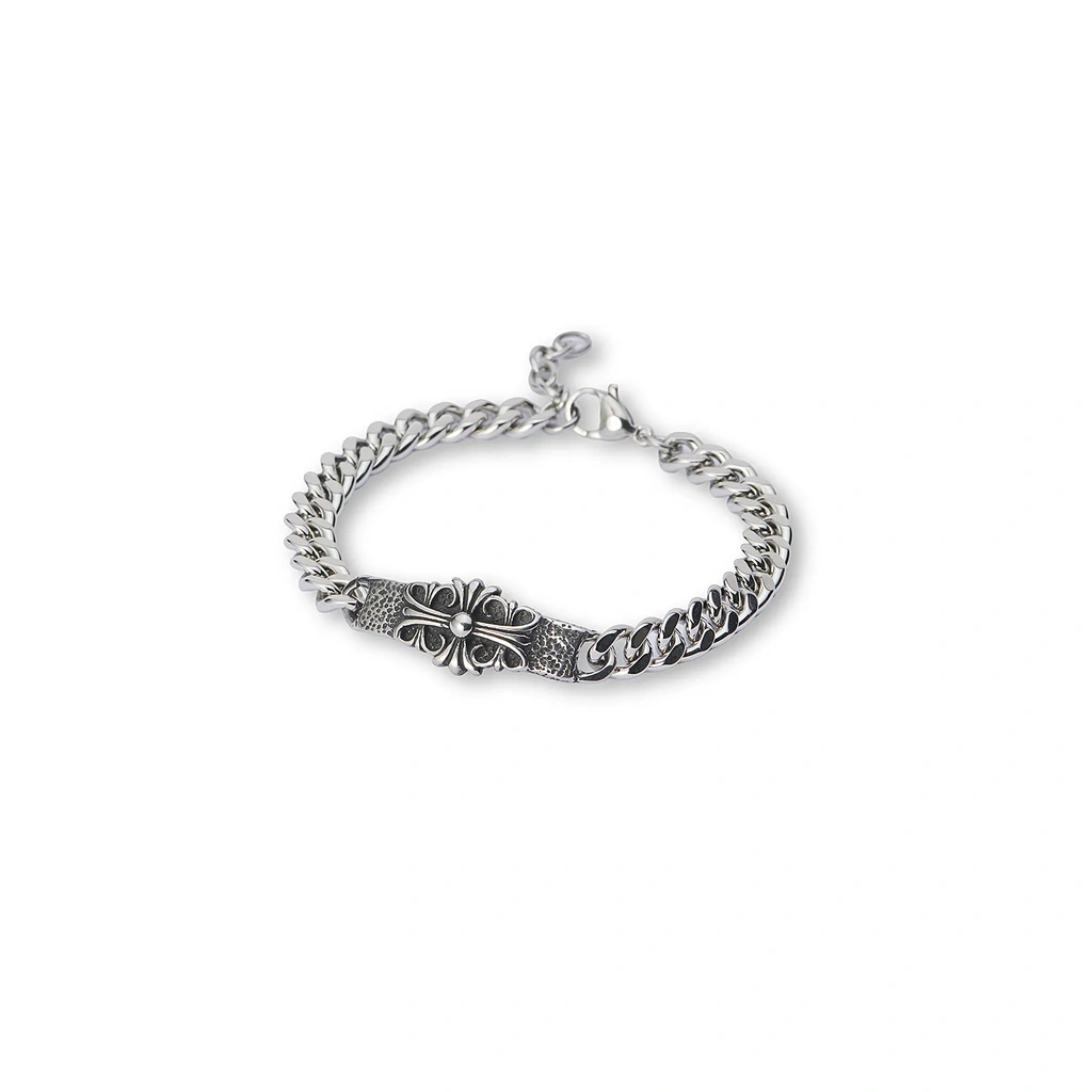Stålarmband, kors med ornament - 19+3 cm