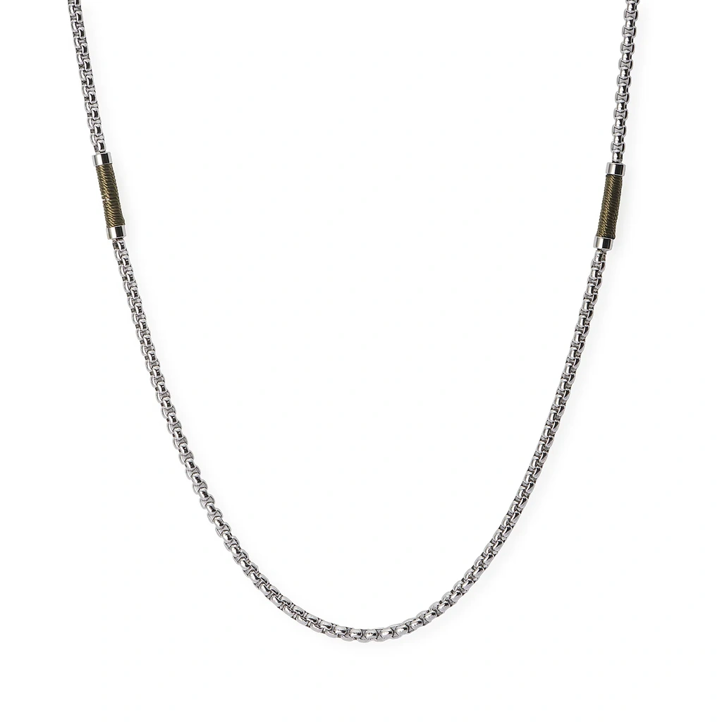 Stålhalsband för herr, boxkedja 4 mm med grön tråd - 55+5 cm