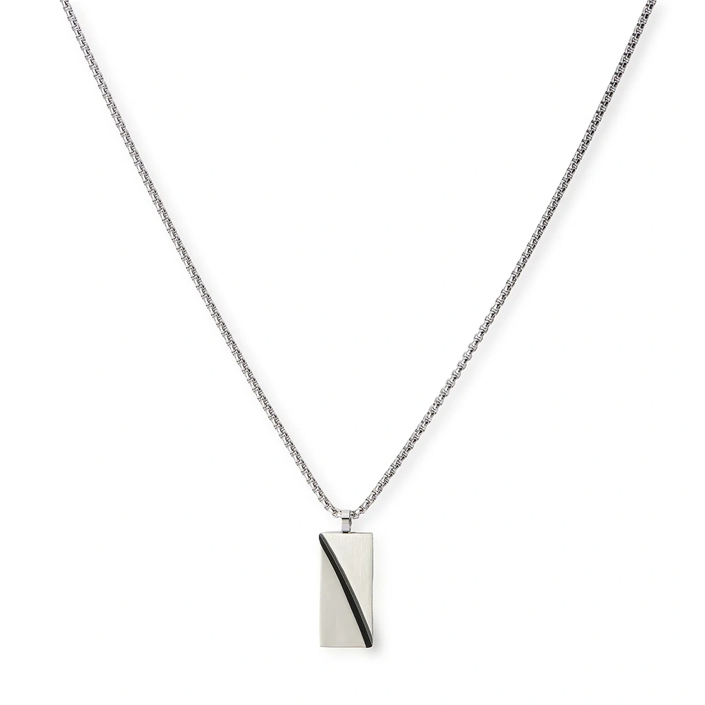Stålhalsband för herr, rektangulär bricka med svart linje - 55+5 cm