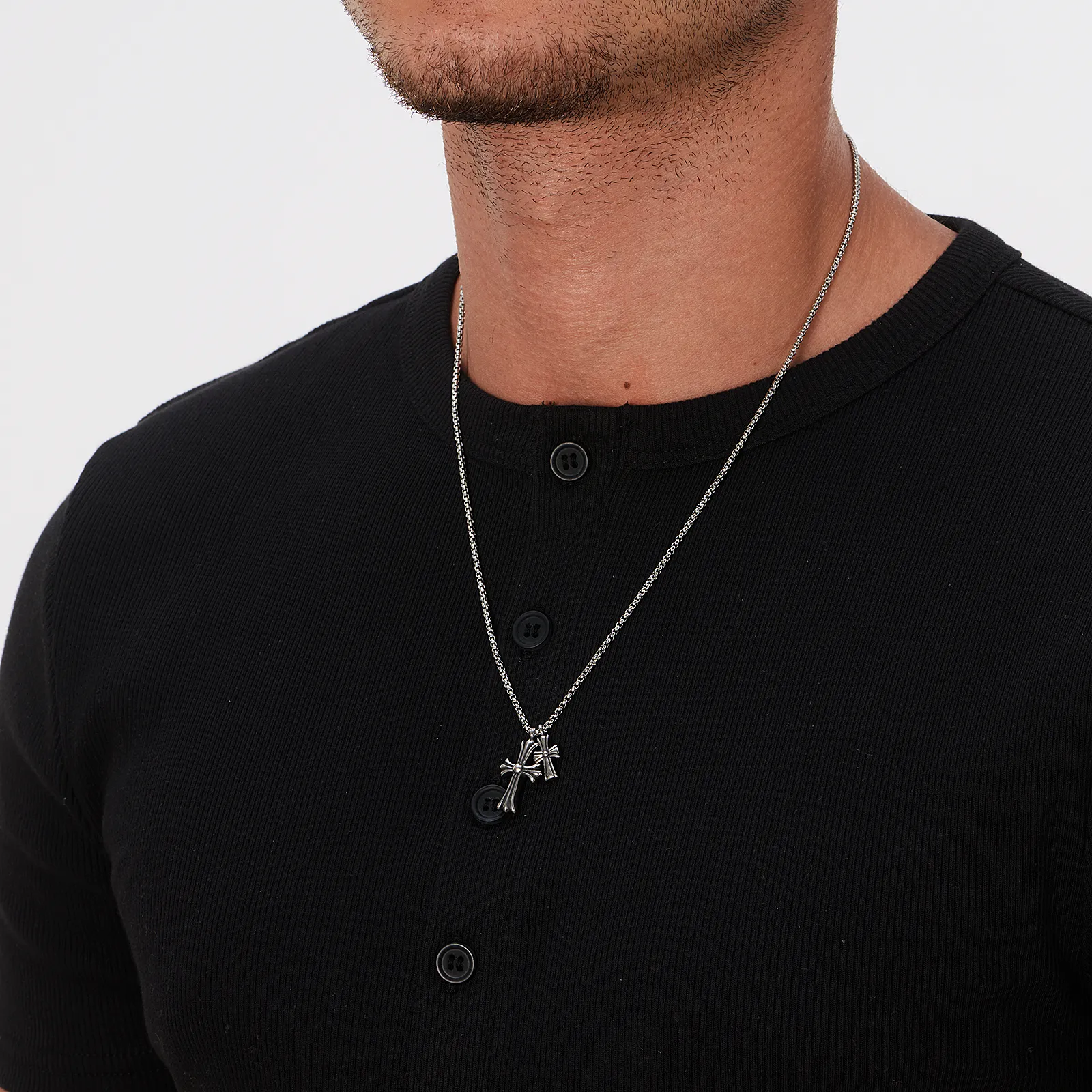 Stålhalsband, dubbla oxiderade kors - 55+5 cm