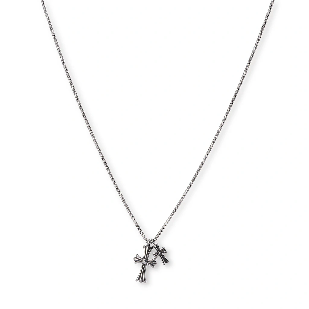 Stålhalsband, dubbla oxiderade kors - 55+5 cm