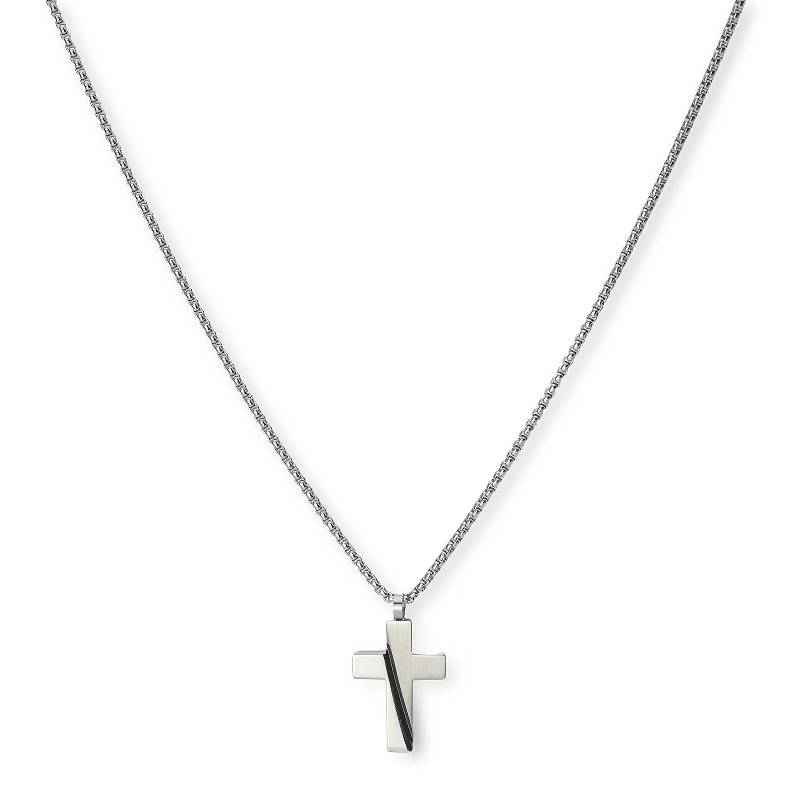 Stålhalsband för herr, kors med svart linje - 55+5 cm