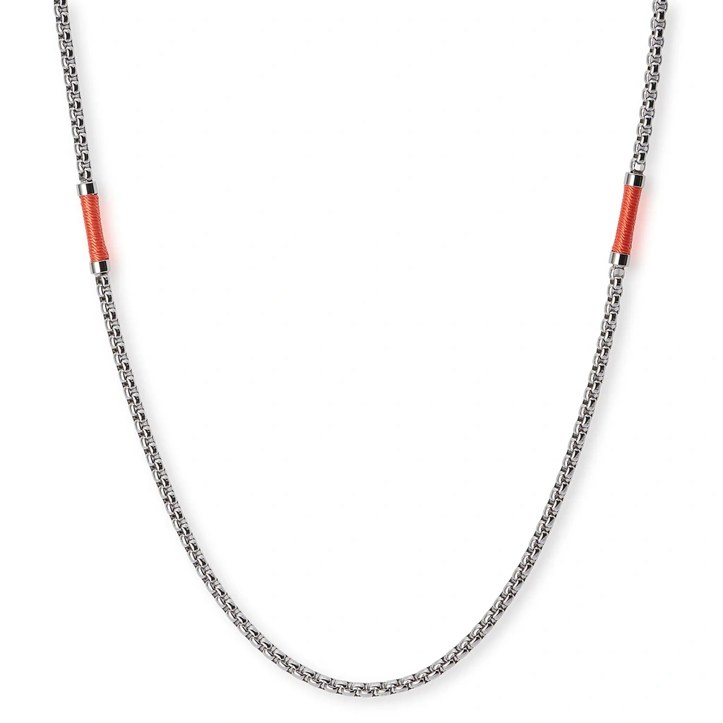 Stålhalsband för herr, boxkedja med orange tråddetaljer - 55+5 cm