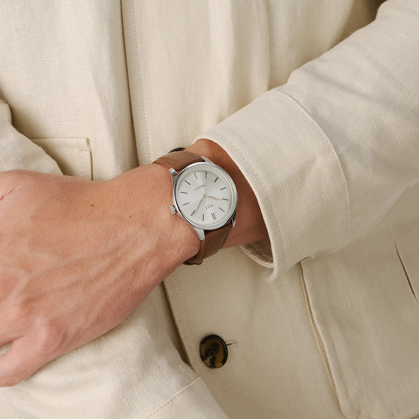 Regal herrklocka silver, brunt band - R25061-636