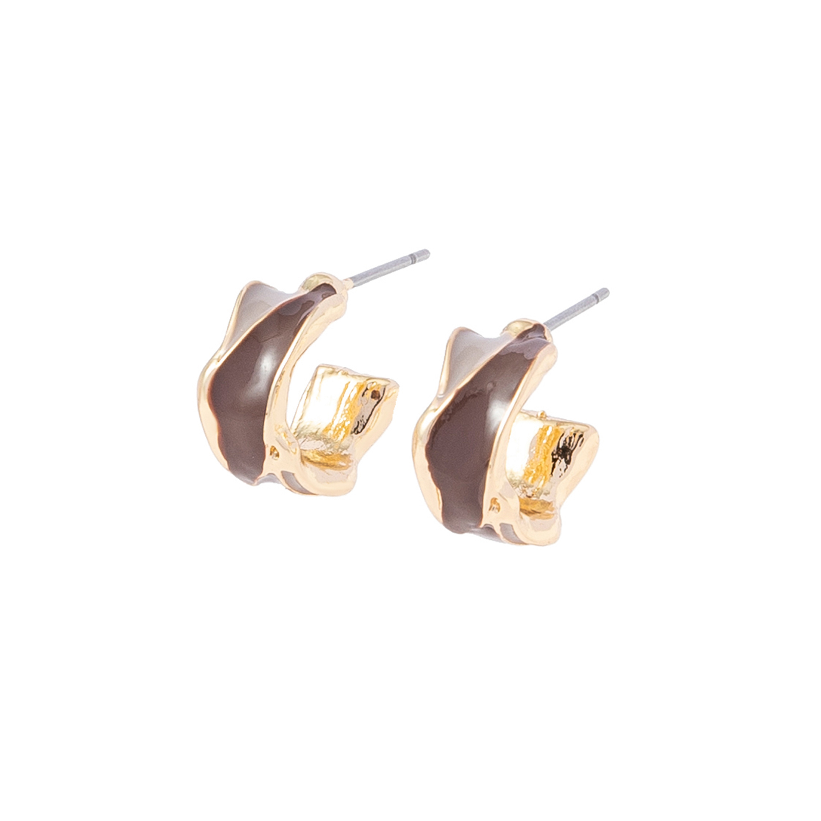 Guldfärgade örhängen hoops, brun och beige emalj - 1,5cm