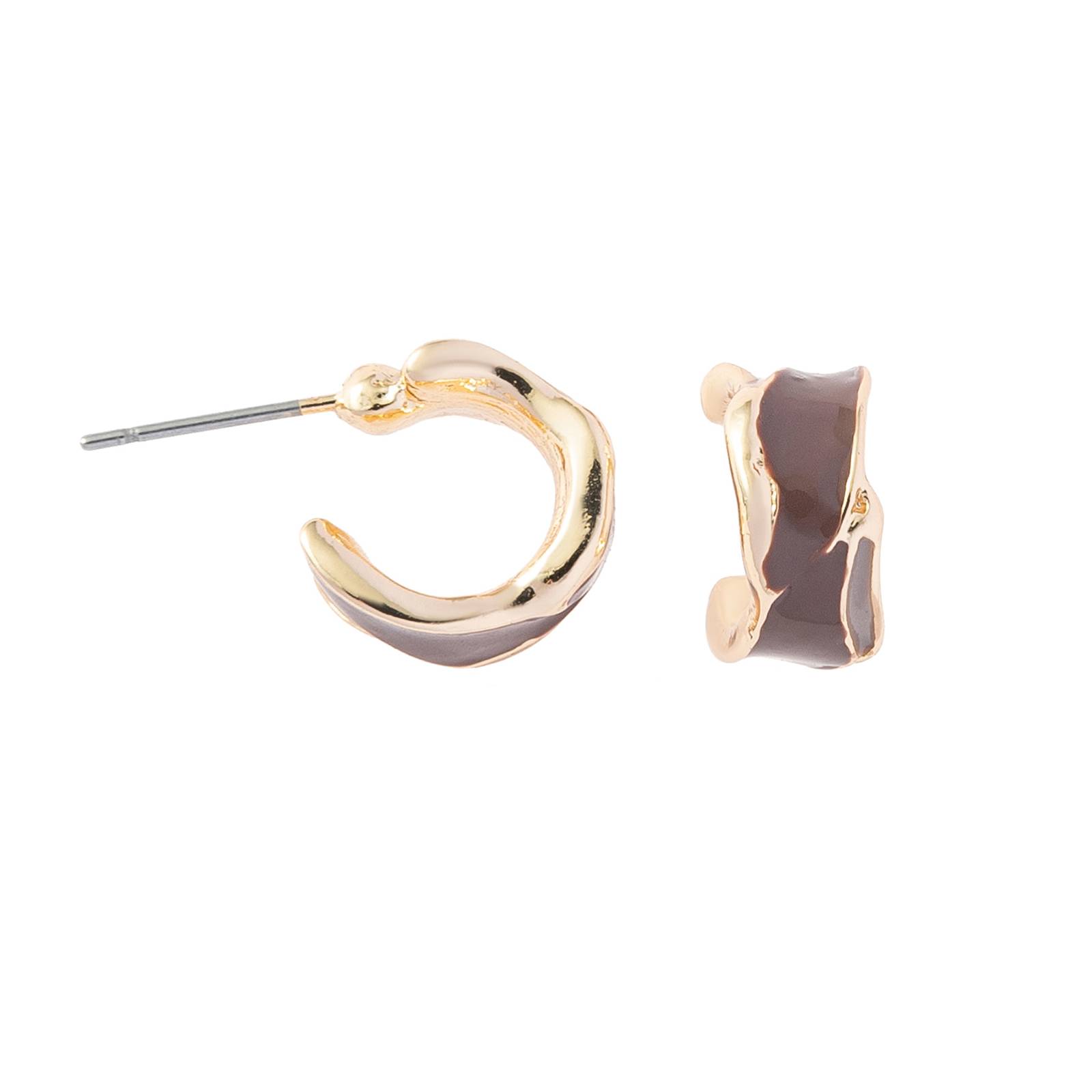Guldfärgade örhängen hoops, brun och beige emalj - 1,5cm