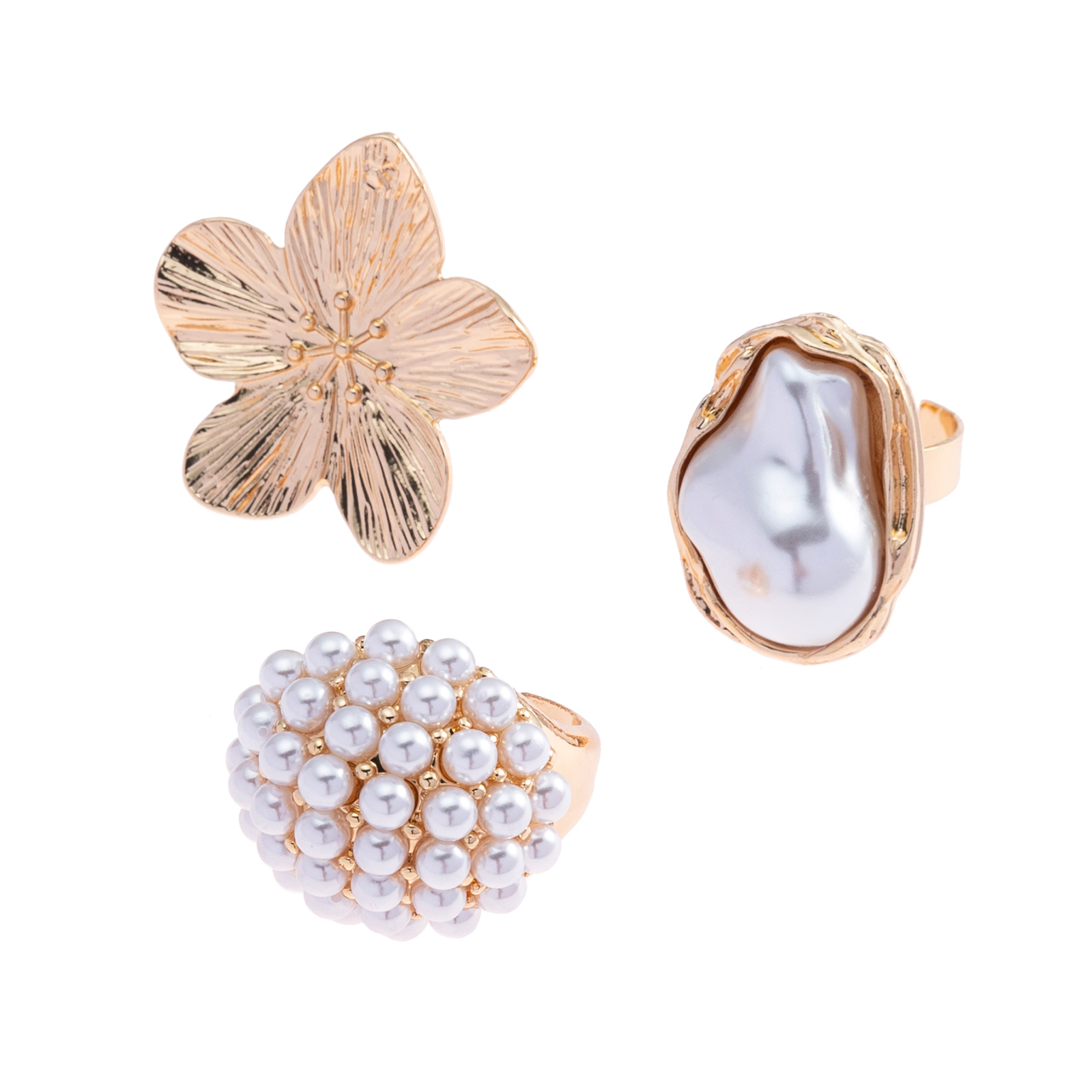 Guldfärgade ringar 3-pack, blomma och pärlor - 19mm