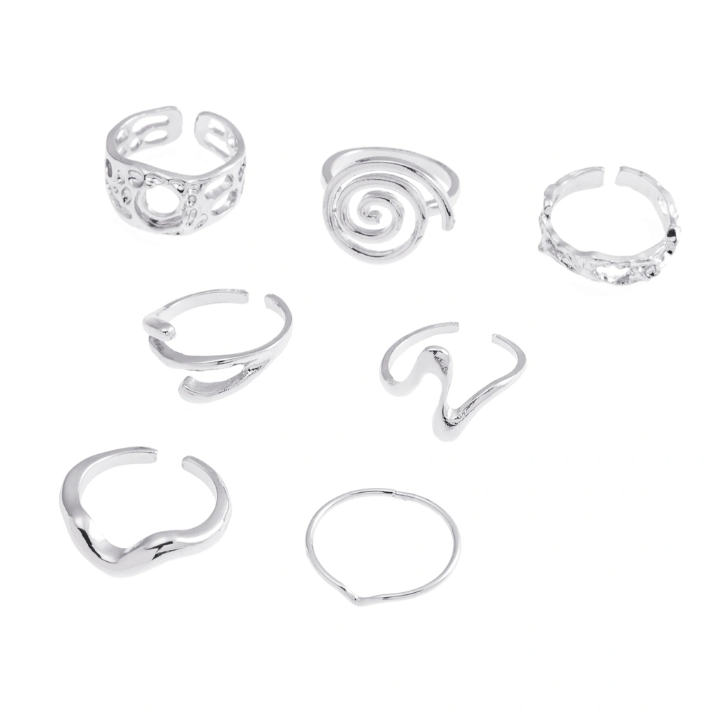 Silverfärgade ringar 7-pack, varierande mönster - 18mm