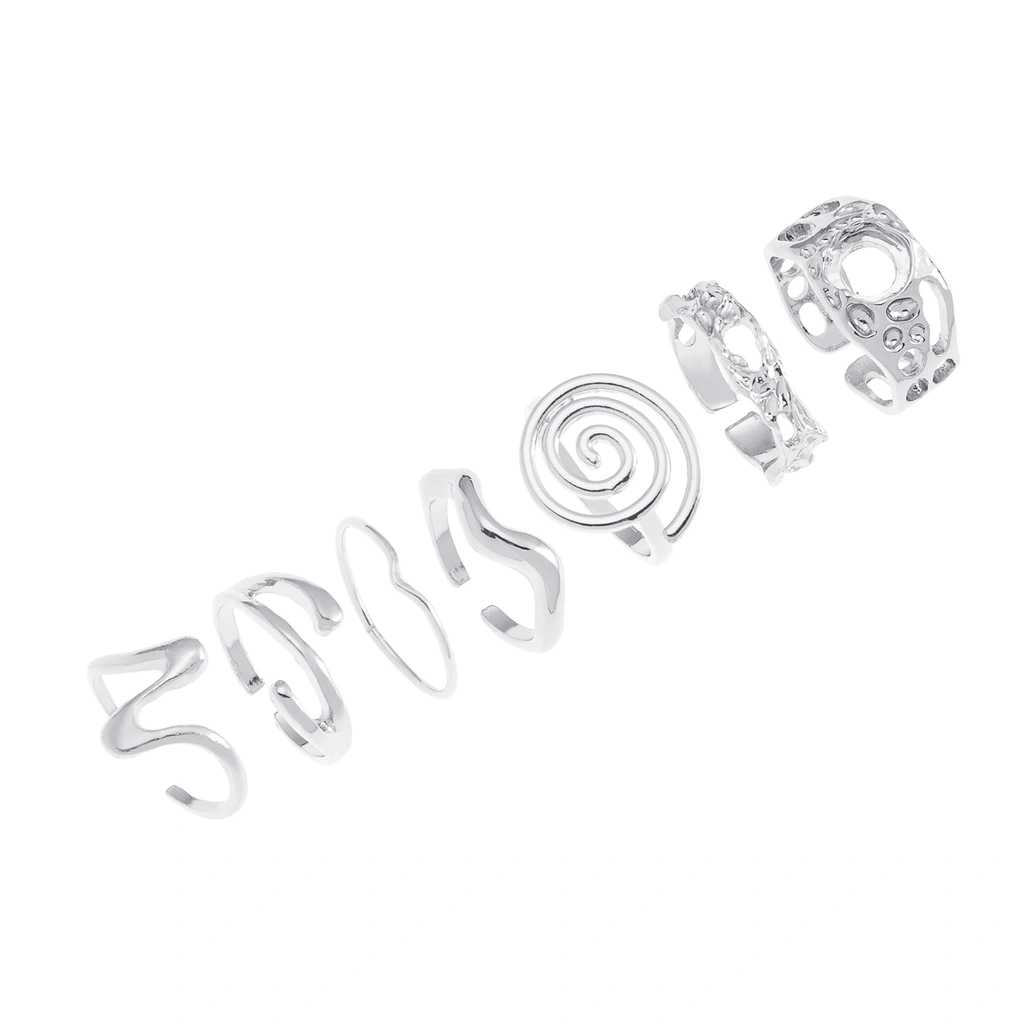 Silverfärgade ringar 7-pack, varierande mönster - 18mm
