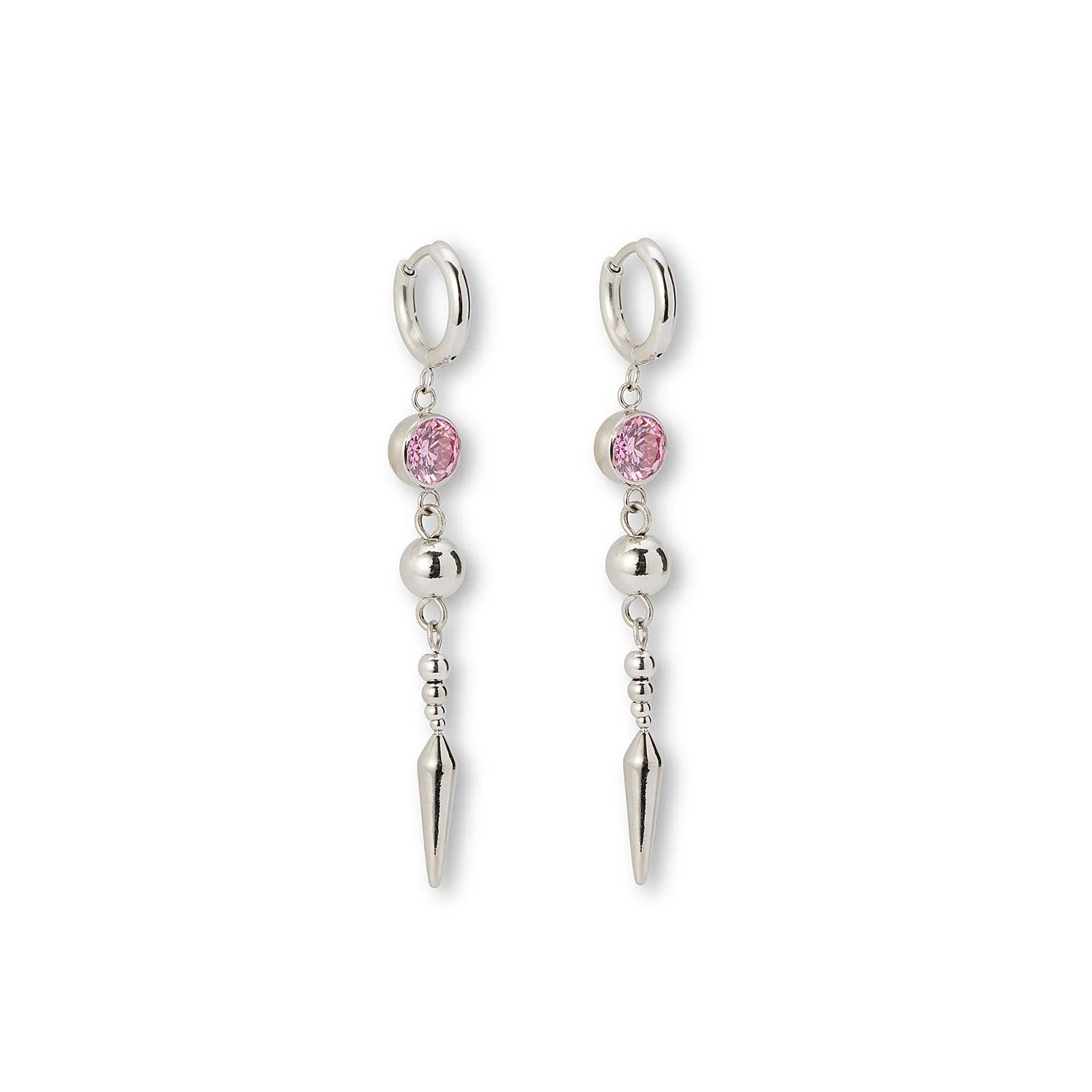 Stålörhängen creoler med rosa cz, kula och spike - 5,5 cm