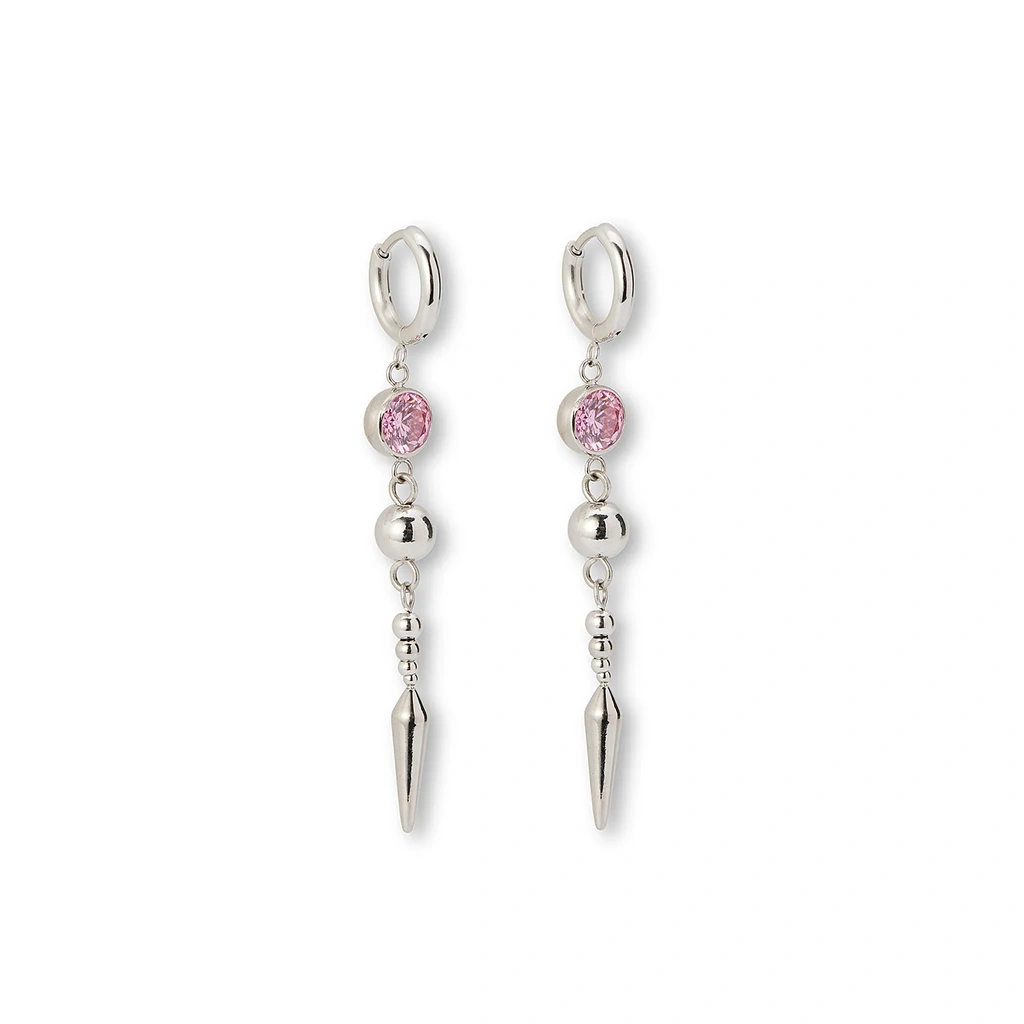 Stålörhängen creoler med rosa cz, kula och spike - 5,5 cm