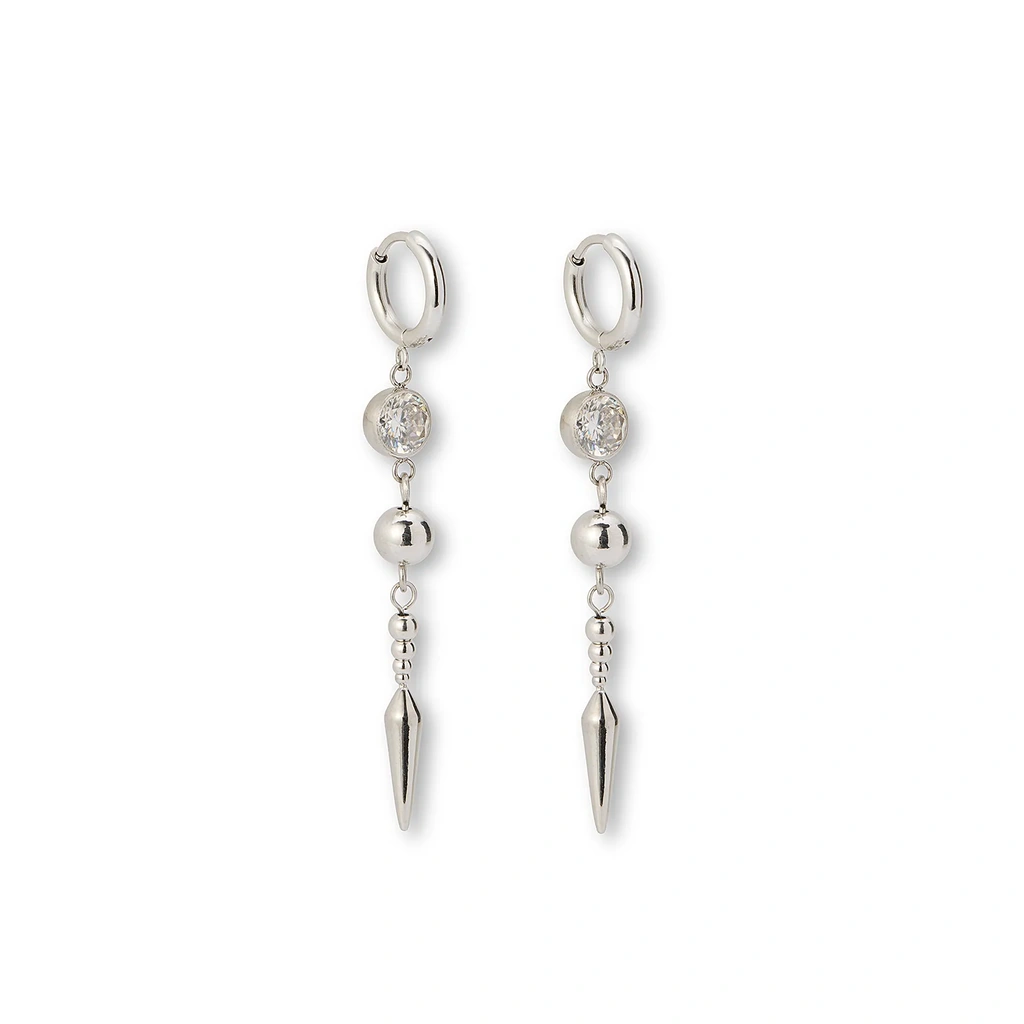 Stålörhängen creoler med vit cz, kula och spike - 5,5 cm