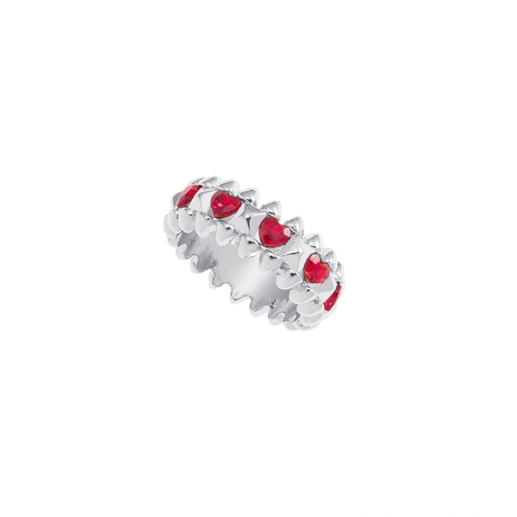 Silverfärgad ring Spike Noir, röda hjärtan - 18 mm