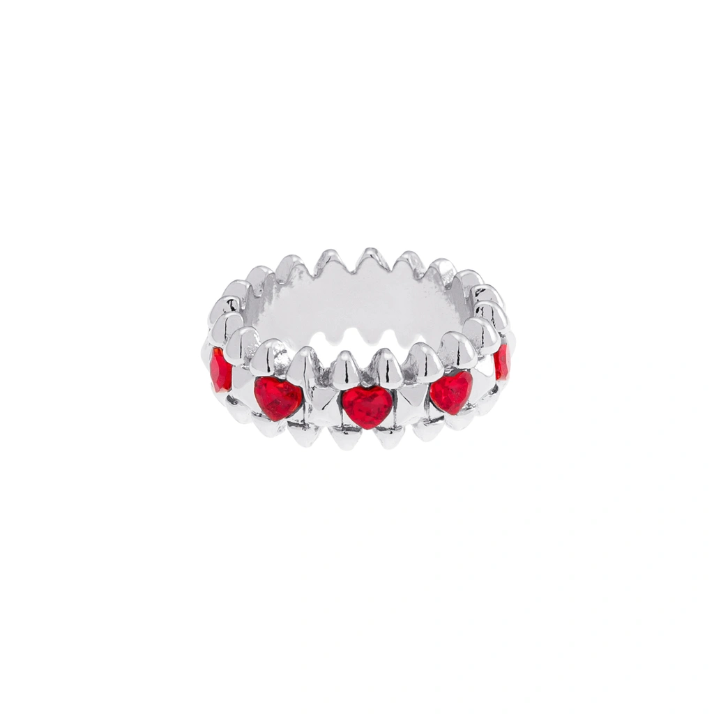 Silverfärgad ring Spike Noir, röda hjärtan - 18 mm
