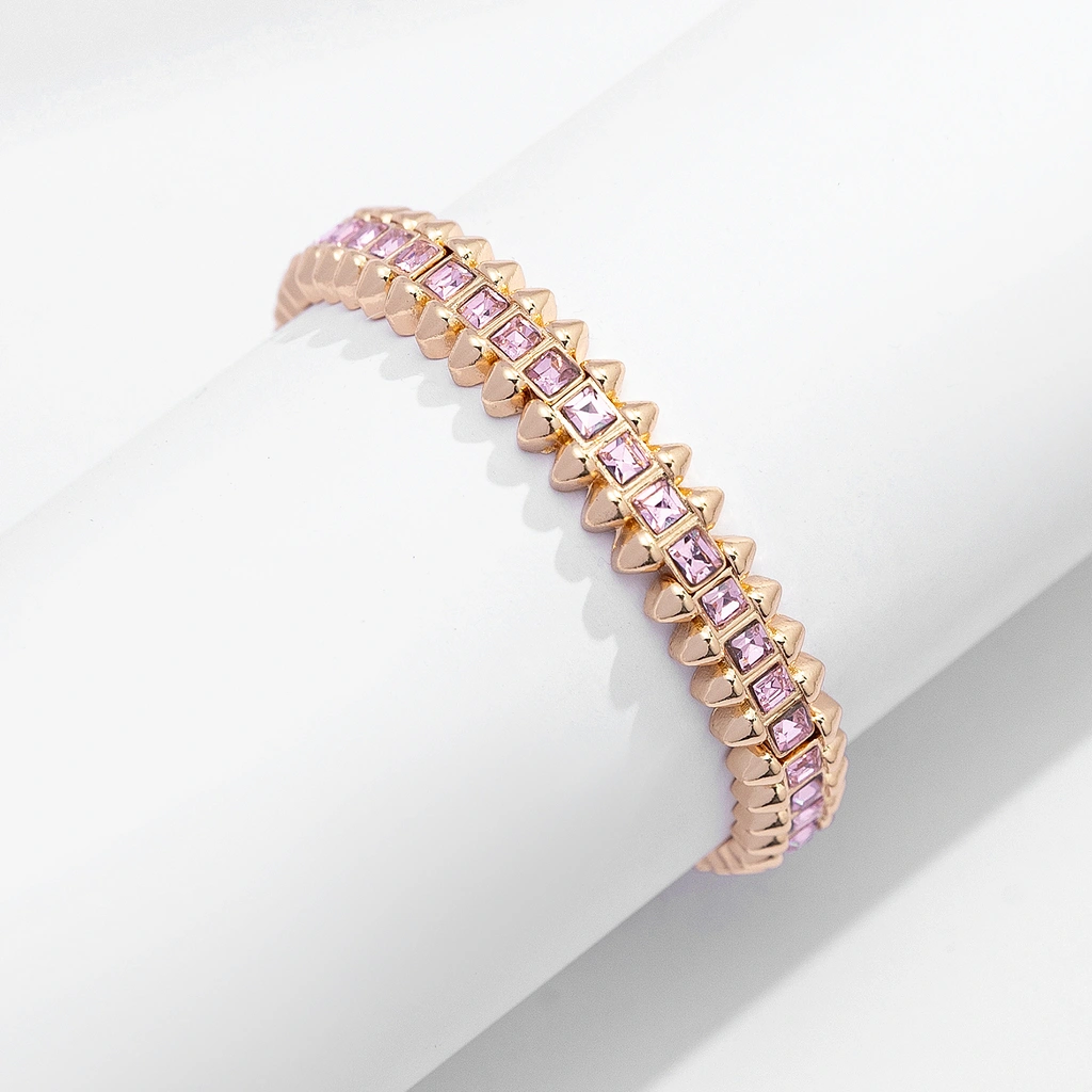 Guldfärgat armband Spike Noir, rosa stenar med nitar - Elastiskt
