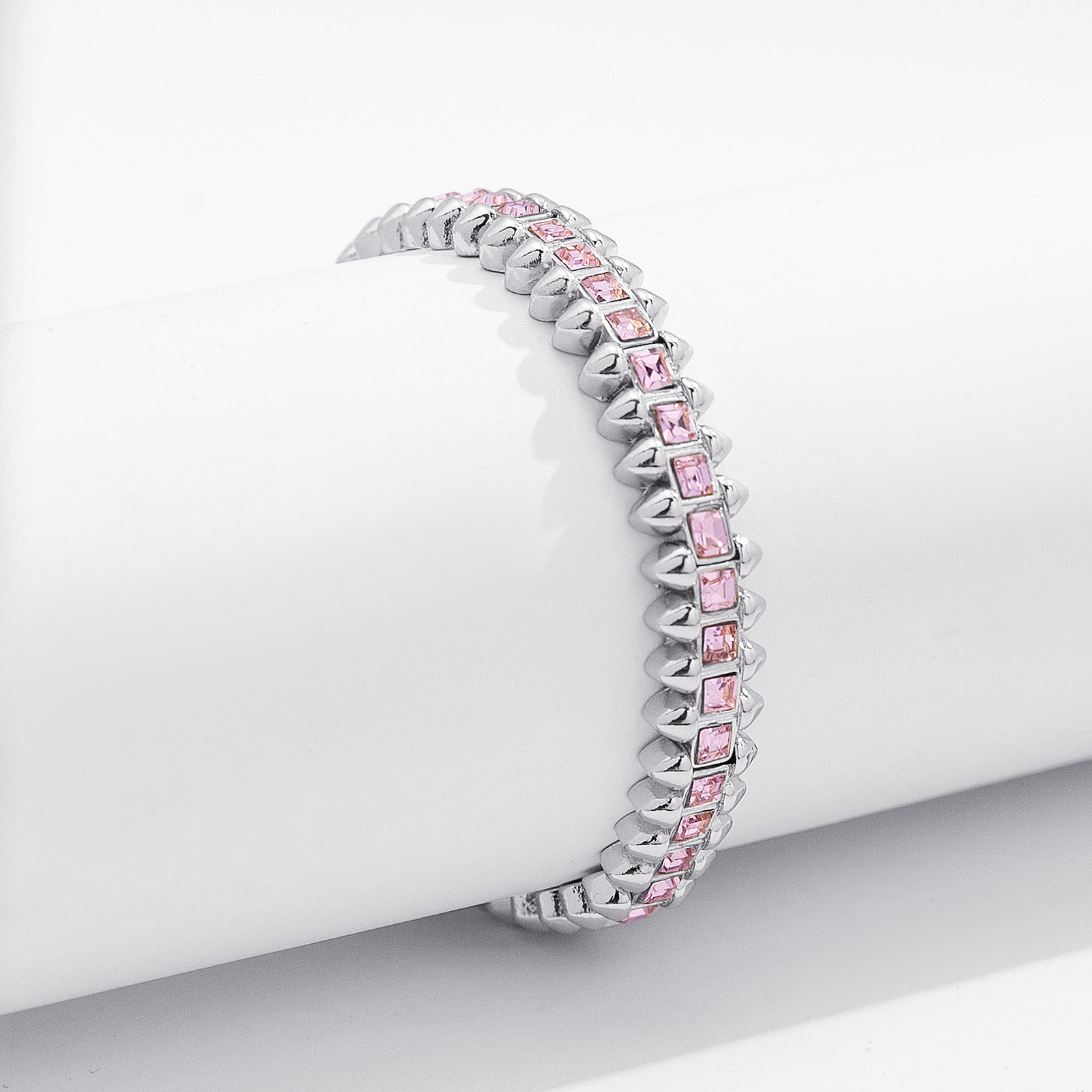 Silverfärgat armband Spike Noir, rosa stenar med nitar - Elastiskt
