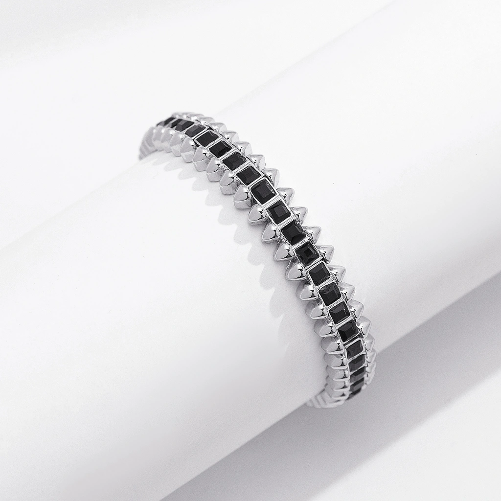 Silverfärgat armband Spike Noir, svarta stenar med nitar - Elastiskt