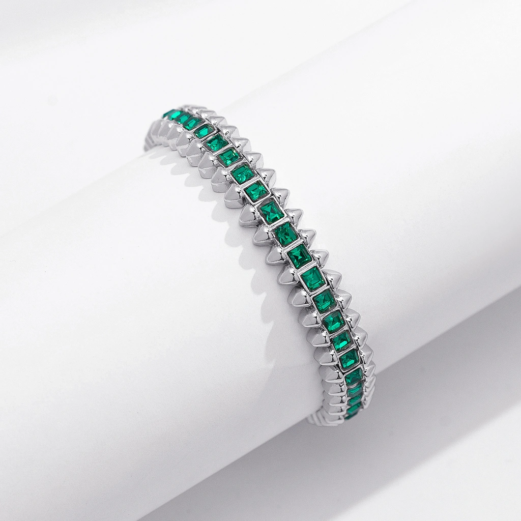 Silverfärgat armband Spike Noir, gröna stenar - Elastiskt