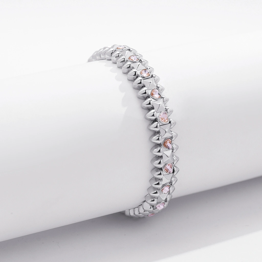 Silverfärgat armband Spike Noir, rosa hjärtan - Elastiskt
