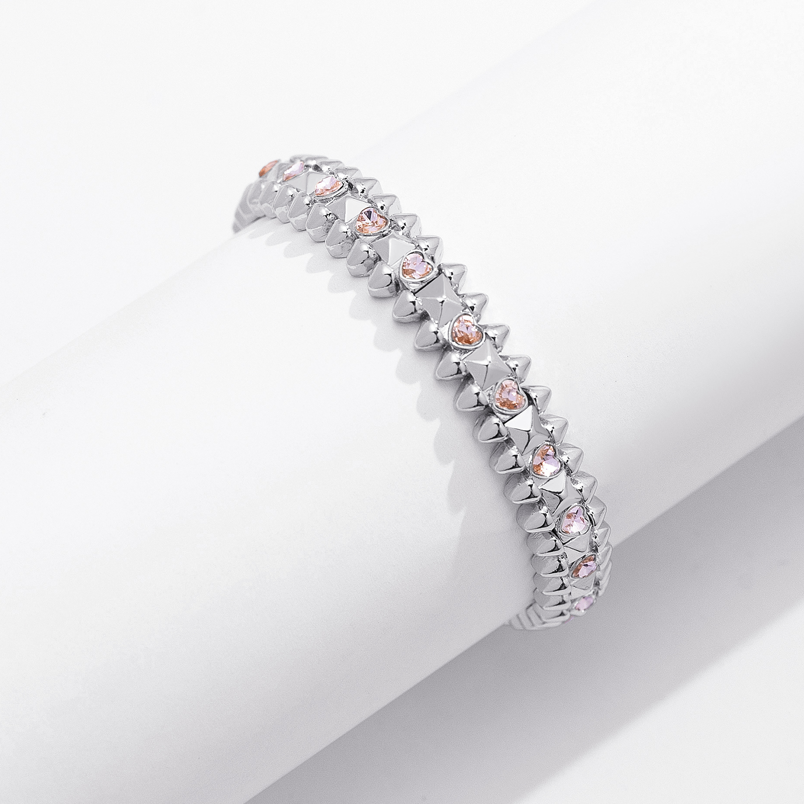 Silverfärgat armband Spike Noir, rosa hjärtan - Elastiskt