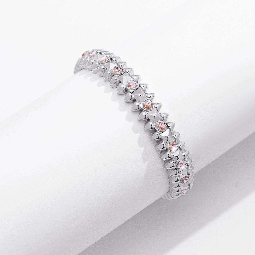 Silverfärgat armband Spike Noir, rosa hjärtan - Elastiskt